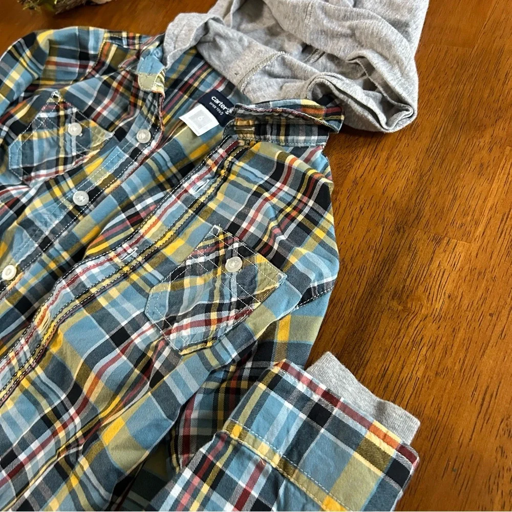 Plaid Hooded Button-Down Shirt Jacket | Boy Size 6 | Blue Yellow Gray | Carter’s